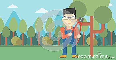 Farmer with pruner in garden vector illustration. Vector Illustration