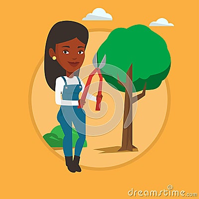 Farmer with pruner in garden vector illustration. Vector Illustration