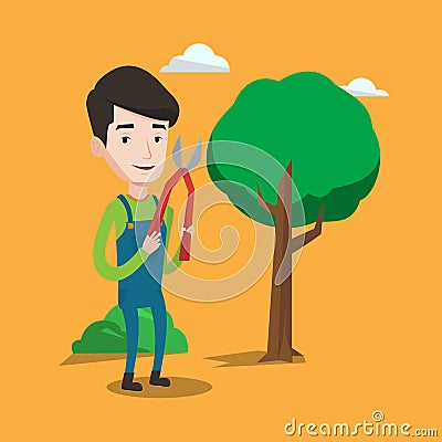 Farmer with pruner in garden vector illustration. Vector Illustration