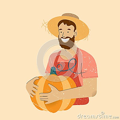 bearded cheerful farmer holding a pumpkin in his hands Stock Photo