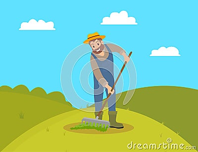 Farmer with Rake on Field Vector Illustration Vector Illustration