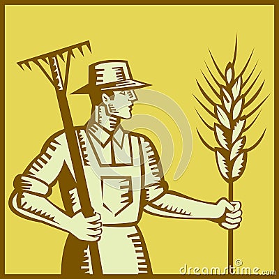 Farmer With Rake and Wheat Woodcut Vector Illustration