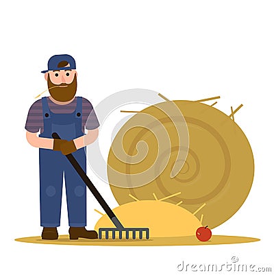 Farmer redneck with beard in overalls and baseball cap hat working with rake and a round sheaf of hay. Vector Vector Illustration