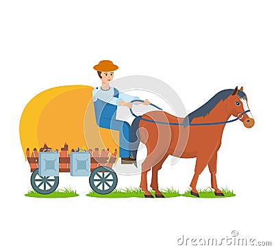 Farmer rides horse on cart, the environmentally friendly farm craft. Vector Illustration