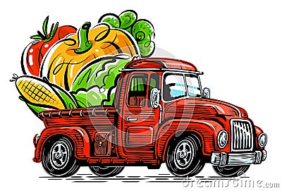 Farmer rides in a truck loaded with organic food. Farm vector illustration Vector Illustration