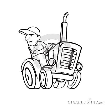 Farmer Riding and Driving a Vintage Farm Tractor Cartoon Black and White Vector Illustration