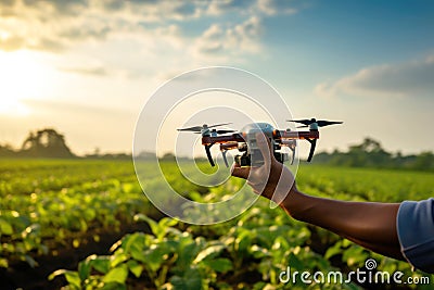 A farmer's hand launches a drone over a field with a crop to check its condition Stock Photo