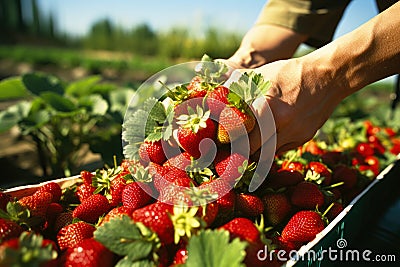 Farmer's hands gently plucking strawberries from their vines. AI Generated Stock Photo