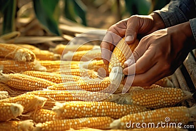 farmer's hands peeling corn close-up Stock Photo