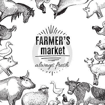 Farmer`s market doodle label or badge. Vector Vector Illustration