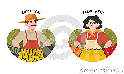 Farmer`s Market flat design vector illustration. Set farmers standing at counter of greengrocer`s shop or marketplace selling Vector Illustration