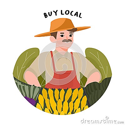 Farmer`s Market flat design vector illustration. Support local farmers concept. Man standing at counter greengrocer`s shop or Vector Illustration