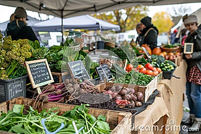 A farmers market stall filled with organic produce including root vegetables leafy greens and seasonal fruits bustling Stock Photo