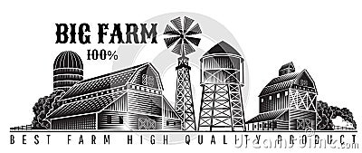 Farmer`s windmill, barn and farm building retro style vintage label Vector Illustration