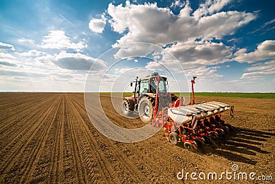 Farmer seeding, sowing crops at field. Stock Photo