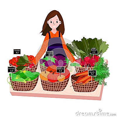 Farmer selling fresh vegetables on market stall. Woman with organic product in marketplace. Owner with local village Vector Illustration