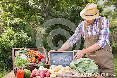 Farmer selling organic veg at market Stock Photo