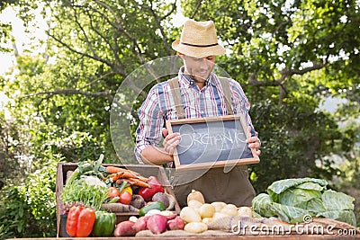 Farmer selling organic veg at market Stock Photo