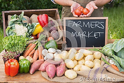 Farmer selling organic veg at market Stock Photo