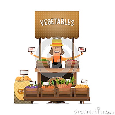 A farmer sells fresh vegetables from his garden. Vector illustration isolated on white background. Vector Illustration