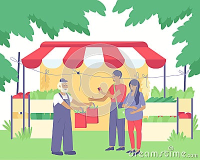 A farmer sells vegetables to a pregnant woman and her husband Vector Illustration