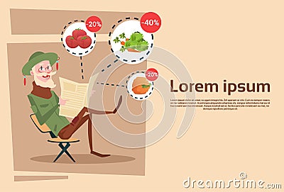 Farmer Senior Man Sit In Rocking Chair Agriculture Vegetable Sale Vector Illustration