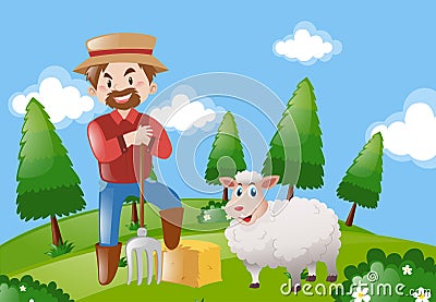 Farmer and sheep on the farm Vector Illustration