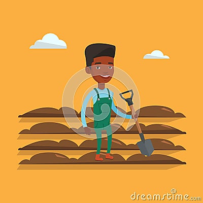 Farmer with shovel at field vector illustration. Vector Illustration