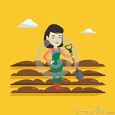 Farmer with shovel at field vector illustration. Vector Illustration