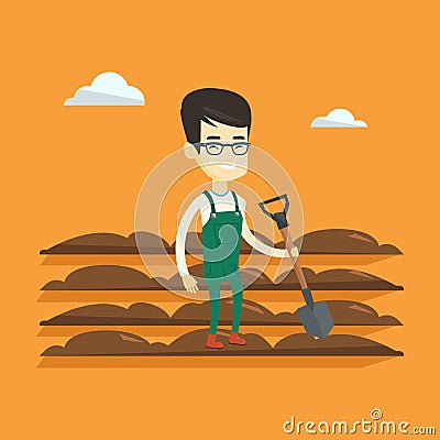 Farmer with shovel at field vector illustration. Vector Illustration