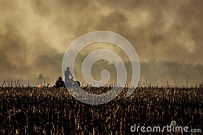 Farmer silhouette fighting fire in agricultural farming field with wall of smoke Stock Photo