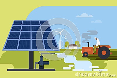 A farmer using Solar water pump to irrigate the agricultural field. Concept for sustainable farming Vector Illustration