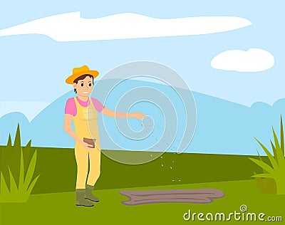 The farmer sowing the seeds for the future harvest. Woman agricultural worker working on the field Vector Illustration