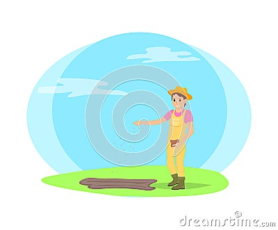 Farmer Sowing Seeds Into Garden Beds Cartoon Icon Vector Illustration