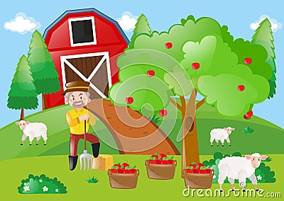 Farmer standing by the apple tree in the farm Cartoon Illustration