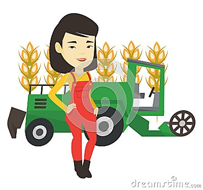 Farmer standing with combine on background. Vector Illustration