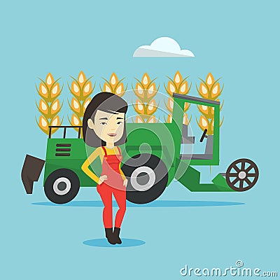 Farmer standing with combine on background. Vector Illustration