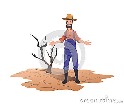 A farmer standing next to a dried dead tree. Concept on the theme of drought, global warming, lack of water for Vector Illustration