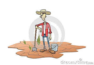 A farmer standing on the soil cracked by drought. Vector illustration on the topic of drought, crop failure, natural Vector Illustration