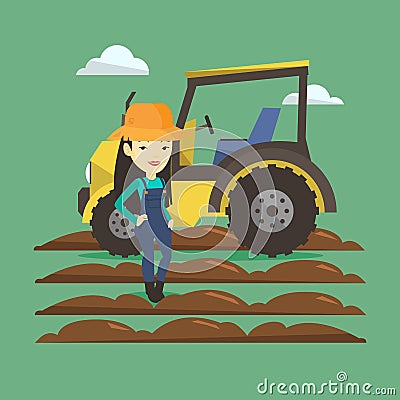 Farmer standing with tractor on background. Vector Illustration
