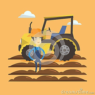 Farmer standing with tractor on background. Vector Illustration