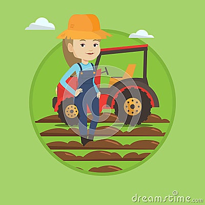 Farmer standing with tractor on background. Vector Illustration