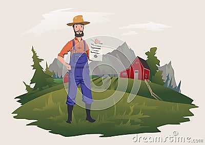 The farmer stands on the farm and holds a paper document. Private ownership or insurance. Vector illustration, Vector Illustration