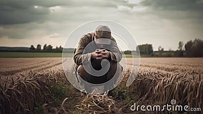 Farmer suffering from depression dealing with stress and anxiety caused by financial, economic and environmental pressures of Stock Photo