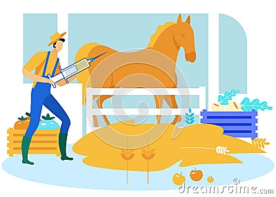 Farmer with Syringe in Hands Makes Horse Prick. Vector Illustration