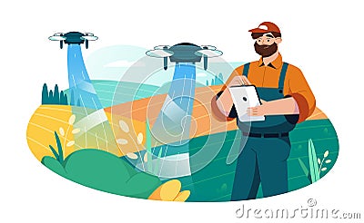 Farmer with tablet using drone to automate irrigation of field Vector Illustration