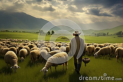 Farmer tending sheep herd in misty green valley. Generative AI Stock Photo