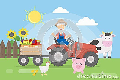 Farmer on tractor. Vector Illustration