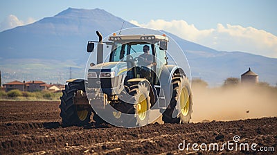 Farmer in tractor preparing land with seedbed cultivator at field. Generative AI Stock Photo