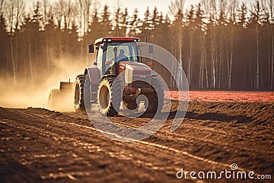 Farmer in tractor preparing land with seedbed cultivator at spring Stock Photo